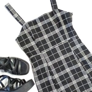 Black and White Plaid Mini Skirt Slit Strap Sheath Dress